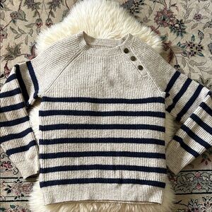 Knox Rose Cream and Navy Striped Crewneck Sweater with Shoulder Buttons